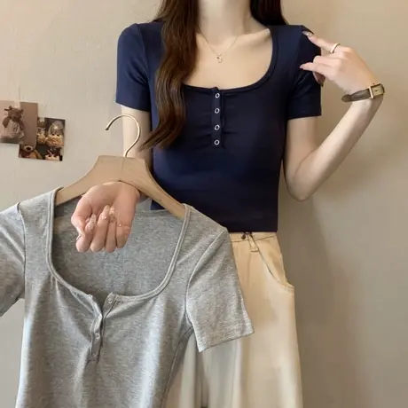 方领露锁骨短袖T恤女2025夏季新款修身小个子短款辣妹紧身上衣服商品大图