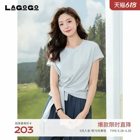 LAGOGO宽松蝙蝠袖T恤女拉谷谷2025年夏季新款系带气质蓝色上衣商品大图