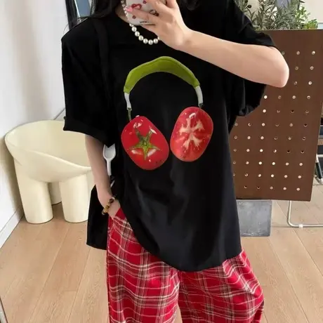 韩国东大门2025夏季新款宽松百搭休闲卡通西红柿印花垫肩短袖T恤商品大图