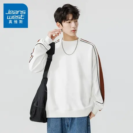 N5真维斯男士圆领卫衣2025秋季新款美式宽松时尚拼色男生春秋上衣商品大图