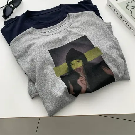 美式复古人象印花T恤女轻薄雪花棉宽松圆领大版tee夏季时髦短袖图片