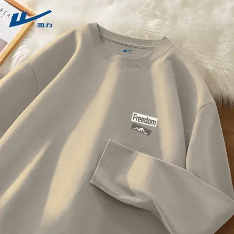 回力长袖t恤男款秋季潮流印花男装衣服美式纯棉圆领男士灰色上衣D图片