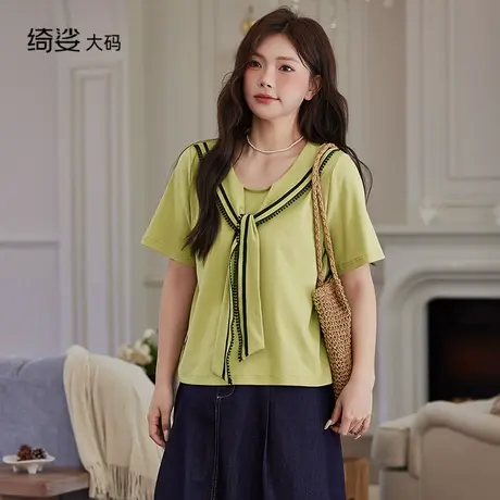 飘带花边拼接短袖t恤女设2025夏新大码胖MM正肩体恤上衣图片