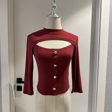 梨泰院*韩版弹力修身挖空显胸中袖打底衫假两件T恤上衣女图片