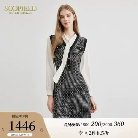 Scofield蝴蝶结优雅假两件中式长袖黑色中长连衣裙女装秋季新品商品大图