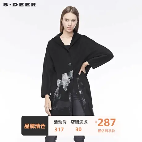 sdeer 🥞圣迪奥 🥟女装休闲连帽字母胶印插袋纯黑毛呢大衣S19481827商品大图