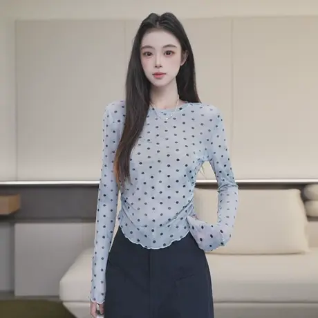 尔给T恤波点罩衫T恤女显瘦修身百搭休闲圆领收腰上衣图片