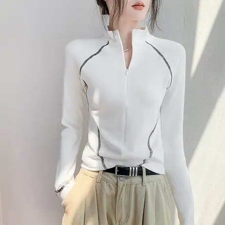 双面德绒无帽卫衣女内搭秋冬新款加绒保暖拉链门襟半高领白色上衣商品大图