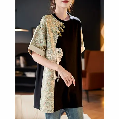 宝诗黎国风提花拼接短袖T恤2025夏季新中式钉珠盘扣百搭休闲上衣商品大图