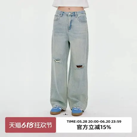 omont蛋挞家复古做旧宽松破洞牛仔裤2025夏季高腰显瘦直筒长裤子商品大图
