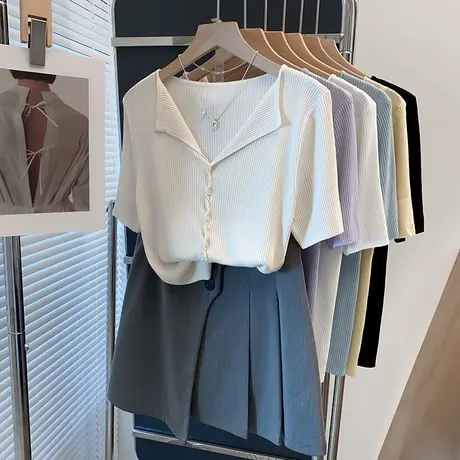 圆领冰丝针织开衫女2025夏装新款内搭坑条上衣薄款洋气短袖t恤衫商品大图