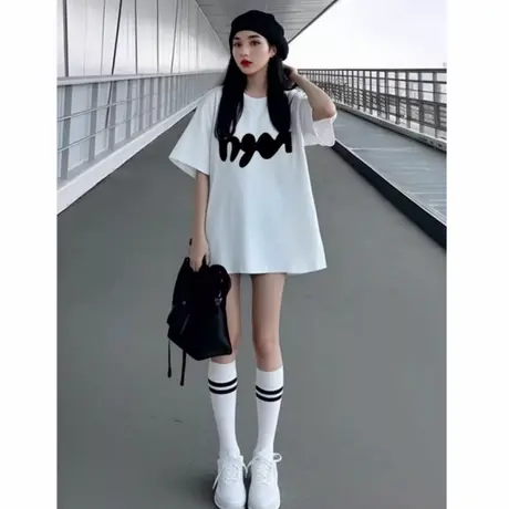 白色夏季大版短袖t恤女2025年新款下衣失踪小众中长款宽松上衣ins商品大图