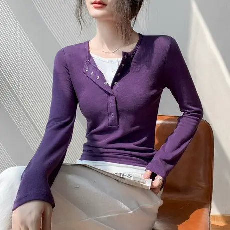 单排扣半开领长袖T恤女2025春季新款撞色假两件修身别致正肩上衣图片