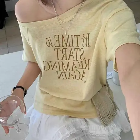 2025夏季新款韩版宽松显瘦百搭圆领短袖T恤女字母印花上衣图片