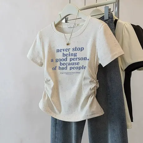 潮流短款彩虹波点短袖收腰t恤女2025新款褶皱修身减龄小个子上衣商品大图