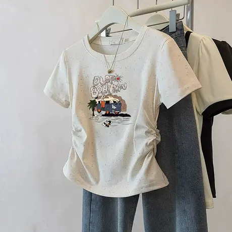 圆领收腰高级感褶皱短款彩虹波点修身短袖t恤女夏季新款正肩上衣商品大图