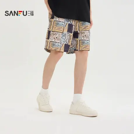 三福2025夏季男士花版短裤 休闲美式宽松橡筋腰头裤子500961商品大图