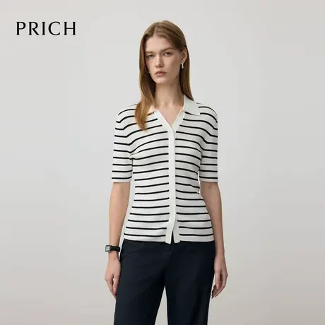 【超能小太阳】PRICH时尚POLO领条纹撞色短袖针织衫2025夏季新款商品大图