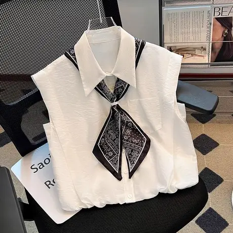 拉夏贝尔polo领无袖衬衫女夏2025新款丝巾领带小上衣巨好看的小衫图片