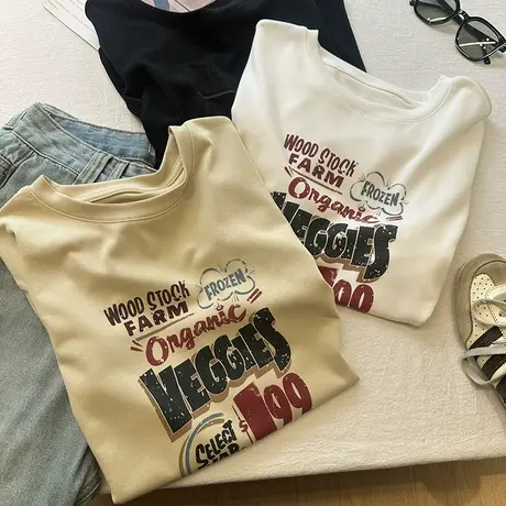 美式复古印花短袖T恤女夏季新款甜酷休闲减龄时髦圆领打底衫上衣商品大图