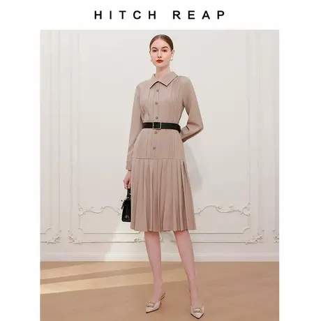 希区瑞普高端时尚伞裙新款春季衬衫式显瘦修身气质百褶连衣裙复古商品大图