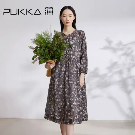 蒲PUKKA 文艺复古女装夏季新品纯棉印花A型长款新中式连衣裙图片