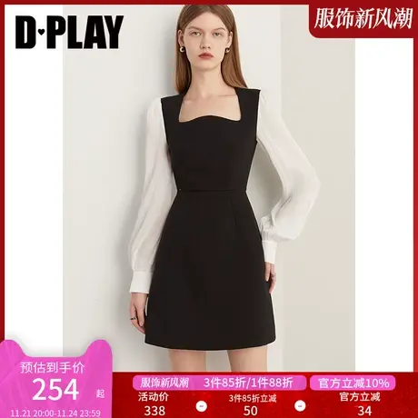 DPLAY秋法式赫本风小黑裙撞色黑拼白波浪领长袖连衣裙轻礼服图片