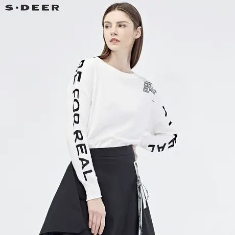 sdeer圣迪奥2019秋装新款圆领字母印花不规则纯白针织衫S19183513图片