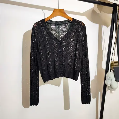 短款镂空针织开衫女2024春夏新款吊带裙子外搭长袖披肩上衣防晒衫商品大图