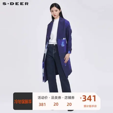 sdeer圣迪奥女装翻领涂鸦印花不规则长款风衣S22181812图片
