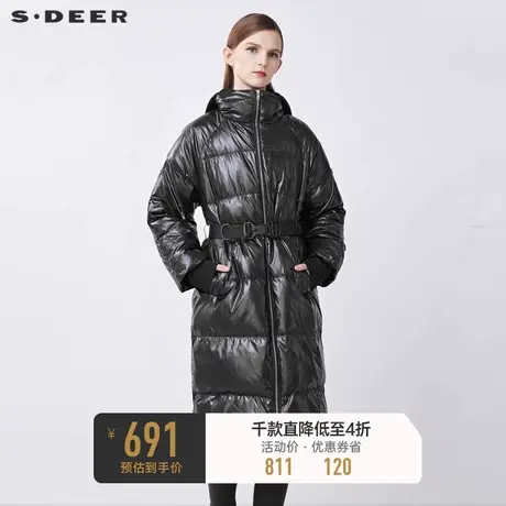 sdeer圣迪奥秋冬休闲连帽收腰黑色长款羽绒服女S21482429图片