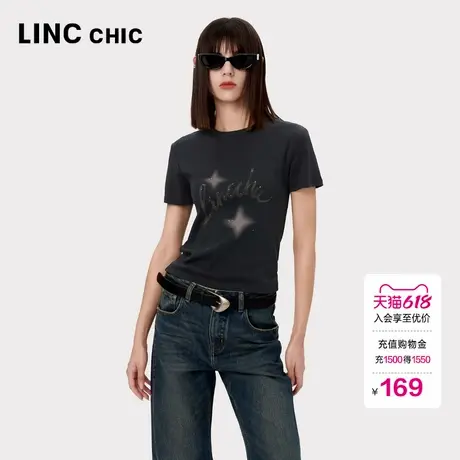 LINC金羽杰正肩短袖女T恤夏摩登复古字母印花圆领修身T恤女TS441Y图片