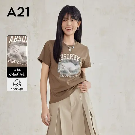 a21女装纯棉宽松圆领短袖t恤夏季小猫印花男女同款情侣装女士上衣图片