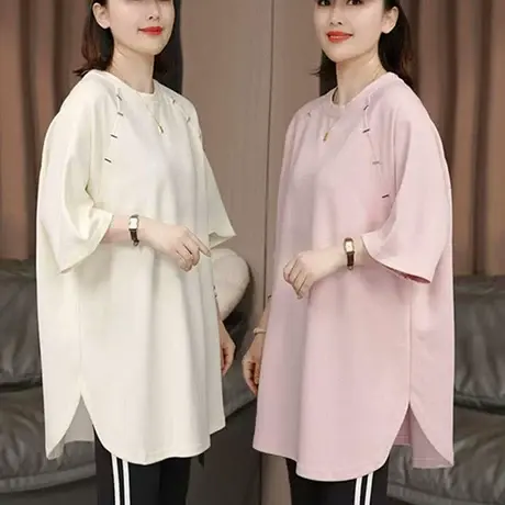 宽松大版短袖t恤女中长款2025春夏季新款打底衫韩版宽松铆钉上衣图片