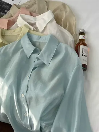 轻薄透气浅蓝色天丝防晒衬衫女夏季小个子清新糖果色长袖开衫上衣图片