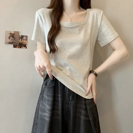 夏季2025新款短袖T恤女韩版修身chic港味方领半袖上衣打底衫内搭图片