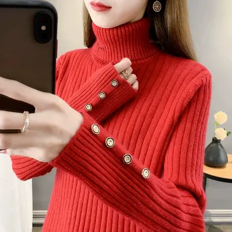 2024年新款秋冬高领毛衣宽松外穿加厚两翻领打底衫针织衫红色毛衣商品大图
