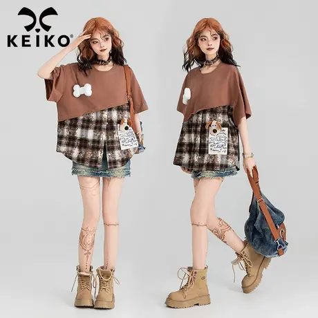 KEIKO 奇趣拼色短袖t恤女2024夏季鬼马少女卡通装饰宽松半袖上衣图片