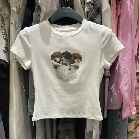 韩国东大门夏季新款美式修身显瘦卡通狗狗印花短袖t恤女短款上衣商品大图