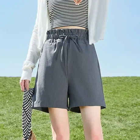 唐狮夏季新款休闲短裤女宽松薄款显瘦花苞腰小个子灰色西装中裤图片