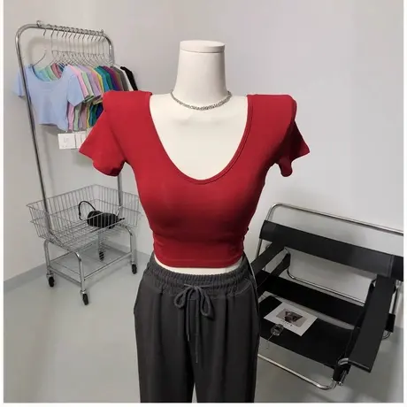 红色 垫肩V领短袖T恤修身短款打底衫上衣露脐装多色图片