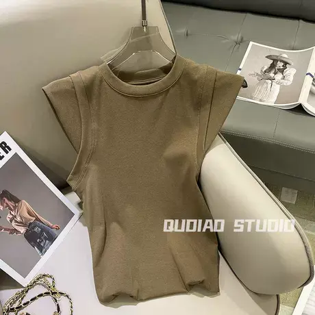 正肩无袖t恤女短袖纯棉2022年夏季欧货洋气肩宽显瘦上衣背心ins潮商品大图