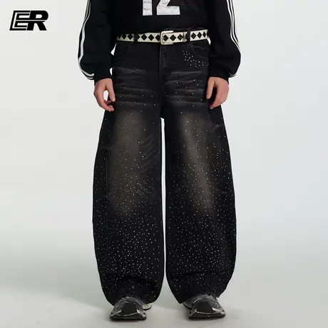 ER满天星弯刀牛仔裤2025秋季新款美式做旧水洗高街潮牌宽松直筒裤图片