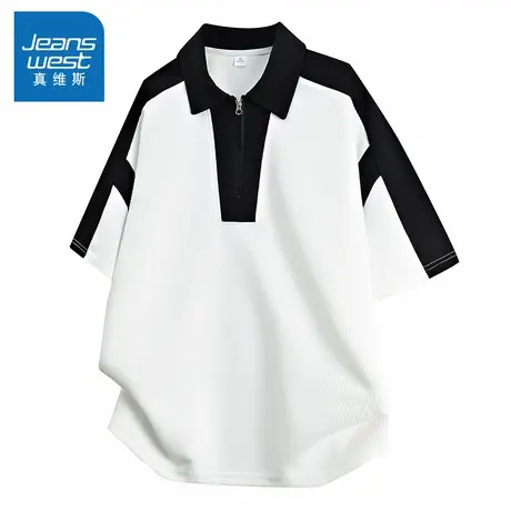 N5真维斯短袖T恤男2025夏季新款翻领拉链透气男士宽松男装上衣服商品大图