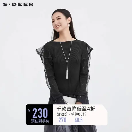 sdeer圣迪奥女罗纹圆领蕾丝网纱长袖针织衫S223Z3527😖商品大图