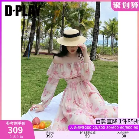 DPLAY2023夏一字肩荷叶边高腰浪漫微醺粉蔷薇印花度假风连衣裙图片