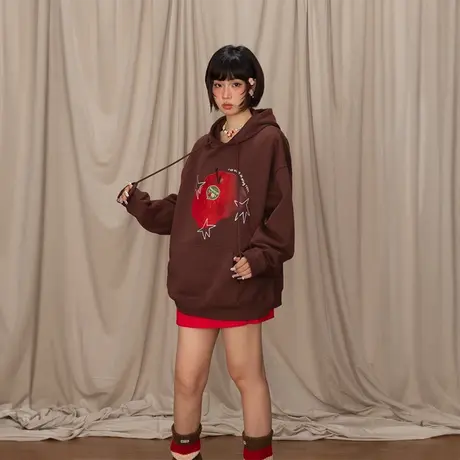 YEP复古美拉德印花连帽卫衣女早秋新款美式潮牌帽衫宽松套头外套商品大图