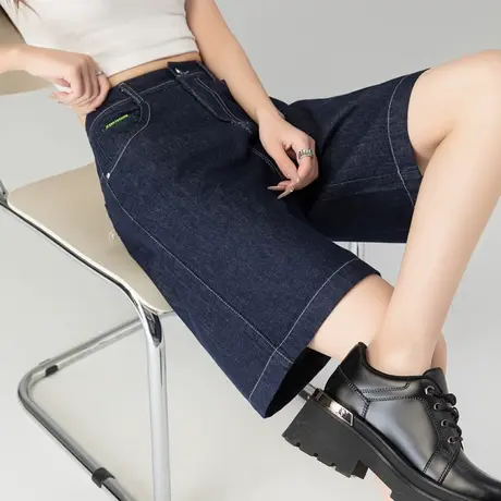 夏季薄款牛仔短裤女2025新款高腰品质原创直筒五分裤宽松阔腿中裤商品大图