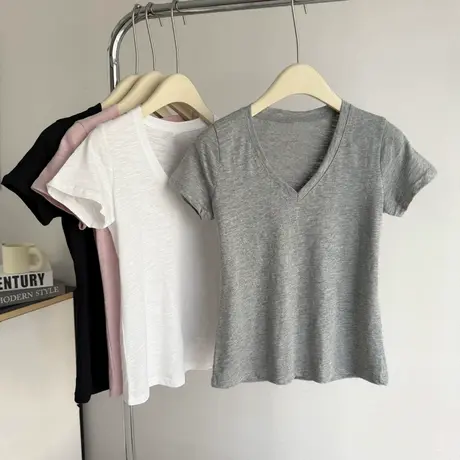 灰色正肩V领竹节棉短袖T恤女夏装修身显瘦内搭打底小衫上衣潮ins图片