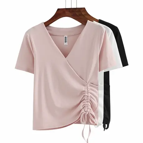 夏季新款纯白V领修身抽绳显瘦短袖体恤上衣打底衫纯色女装T恤商品大图